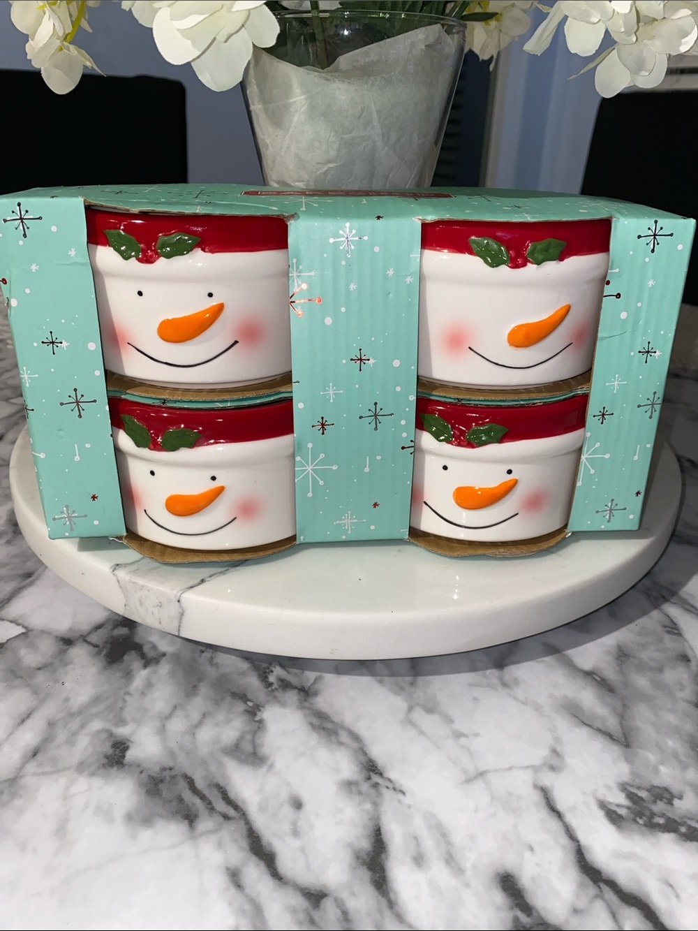 Festive Snowman Ceramic Tea Light Holders - White and Red Holiday Set